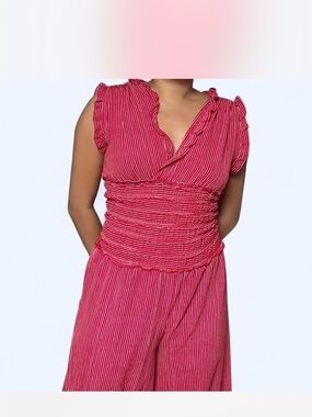 Max Studio Fuchsia Pink Smocked Waist Ruffle Sleeve Jumpsuit